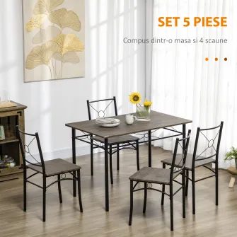 HOMCOM Set de masa pentru 4 persoane, set de masa si scaune de bucatarie 5 piese, masa de masa cu cadru metalic, maro rustic