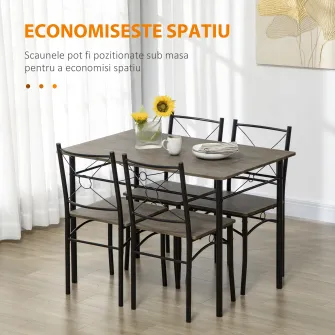 HOMCOM Set de masa pentru 4 persoane, set de masa si scaune de bucatarie 5 piese, masa de masa cu cadru metalic, maro rustic