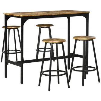 HOMCOM Set de masa si scaune de bar 5 piese, Masa industriala cu economie de spatiu si 4 scaune rotunde de bar cu cadru metalic pentru bar, sufragerie, Maro rustic