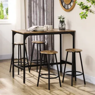 HOMCOM Set de masa si scaune de bar 5 piese, Masa industriala cu economie de spatiu si 4 scaune rotunde de bar cu cadru metalic pentru bar, sufragerie, Maro rustic