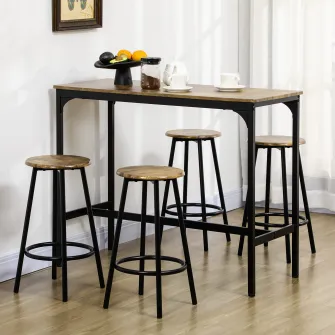 HOMCOM Set de masa si scaune de bar 5 piese, Masa industriala cu economie de spatiu si 4 scaune rotunde de bar cu cadru metalic pentru bar, sufragerie, Maro rustic