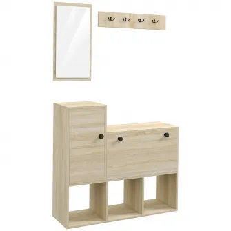 HOMCOM Set de Organizare a Intrarii 3 in 1 cu Banc de Depozitare a Pantofilor pentru 9 Perechi de Pantofi, Pom de Hol cu Oglinda, Dulap si Rafturi Deschise, Raft de Perete cu 4 Carlige, Natur