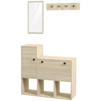 HOMCOM Set de Organizare a Intrarii 3 in 1 cu Banc de Depozitare a Pantofilor pentru 9 Perechi de Pantofi, Pom de Hol cu Oglinda, Dulap si Rafturi Deschise, Raft de Perete cu 4 Carlige, Natur
