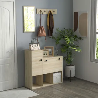 HOMCOM Set de Organizare a Intrarii 3 in 1 cu Banc de Depozitare a Pantofilor pentru 9 Perechi de Pantofi, Pom de Hol cu Oglinda, Dulap si Rafturi Deschise, Raft de Perete cu 4 Carlige, Natur