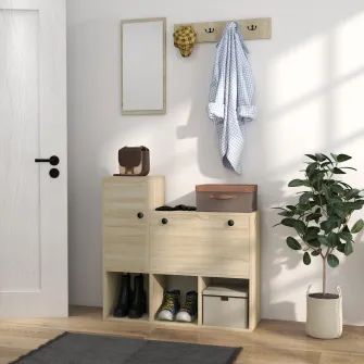 HOMCOM Set de Organizare a Intrarii 3 in 1 cu Banc de Depozitare a Pantofilor pentru 9 Perechi de Pantofi, Pom de Hol cu Oglinda, Dulap si Rafturi Deschise, Raft de Perete cu 4 Carlige, Natur