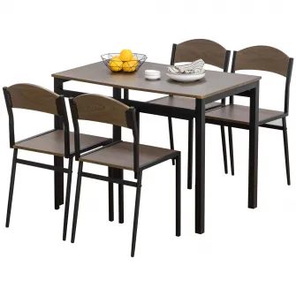 HOMCOM Set de sufragerie 5 piese cu 1 masa dreptunghiulara 100x63x76,5 cm si 4 scaune 45x40x82 cm, otel si MDF, alb si stejar