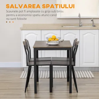 HOMCOM Set de sufragerie 5 piese cu 1 masa dreptunghiulara 100x63x76,5 cm si 4 scaune 45x40x82 cm, otel si MDF, alb si stejar