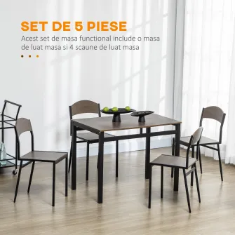 HOMCOM Set de sufragerie 5 piese cu 1 masa dreptunghiulara 100x63x76,5 cm si 4 scaune 45x40x82 cm, otel si MDF, alb si stejar