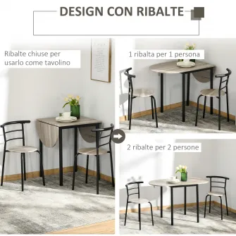 HOMCOM Set de sufragerie din 3 piese cu 2 scaune si 1 masa ovala din MDF si otel pentru spatii limitate, culoarea lemnului