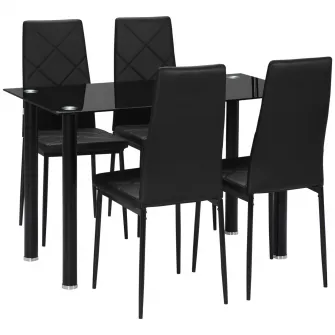 HOMCOM Set Masa de Sufragerie cu 4 Scaune, Masa Dreptunghiulara din Sticla Securizata si Otel si Scaune Capitonate cu Spatar Inalt pentru Bucatarie si Salon, Negru