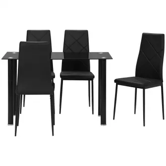 HOMCOM Set Masa de Sufragerie cu 4 Scaune, Masa Dreptunghiulara din Sticla Securizata si Otel si Scaune Capitonate cu Spatar Inalt pentru Bucatarie si Salon, Negru