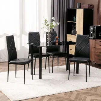 HOMCOM Set Masa de Sufragerie cu 4 Scaune, Masa Dreptunghiulara din Sticla Securizata si Otel si Scaune Capitonate cu Spatar Inalt pentru Bucatarie si Salon, Negru