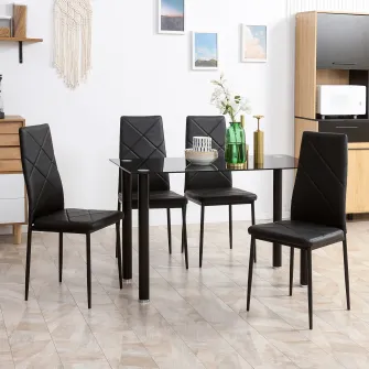 HOMCOM Set Masa de Sufragerie cu 4 Scaune, Masa Dreptunghiulara din Sticla Securizata si Otel si Scaune Capitonate cu Spatar Inalt pentru Bucatarie si Salon, Negru