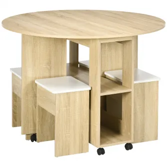 HOMCOM Set masa dining pentru 4 persoane, set masa de bucatarie 5 piese cu extensie plianta, cu rotile si 4 scaune, masa si scaune care economisesc spatiul pentru camera de zi cu spatiu, stejar