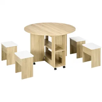 HOMCOM Set masa dining pentru 4 persoane, set masa de bucatarie 5 piese cu extensie plianta, cu rotile si 4 scaune, masa si scaune care economisesc spatiul pentru camera de zi cu spatiu, stejar