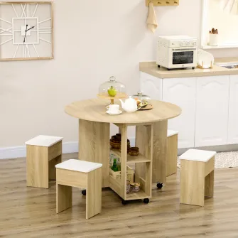 HOMCOM Set masa dining pentru 4 persoane, set masa de bucatarie 5 piese cu extensie plianta, cu rotile si 4 scaune, masa si scaune care economisesc spatiul pentru camera de zi cu spatiu, stejar