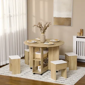 HOMCOM Set masa dining pentru 4 persoane, set masa de bucatarie 5 piese cu extensie plianta, cu rotile si 4 scaune, masa si scaune care economisesc spatiul pentru camera de zi cu spatiu, stejar