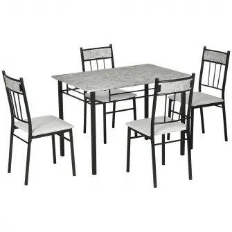 HOMCOM Set masa si scaune 5 buc, masa dreptunghiulara din metal si MDF si 4 scaune de sufragerie cu scaun tapitat cu spuma si poliester