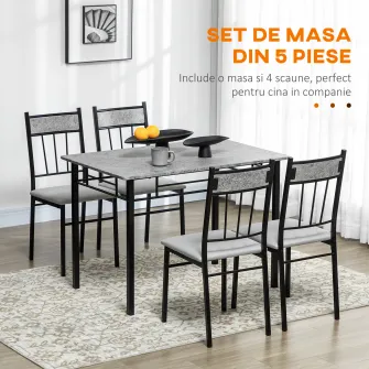 HOMCOM Set masa si scaune 5 buc, masa dreptunghiulara din metal si MDF si 4 scaune de sufragerie cu scaun tapitat cu spuma si poliester