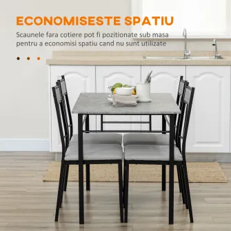 HOMCOM Set masa si scaune 5 buc, masa dreptunghiulara din metal si MDF si 4 scaune de sufragerie cu scaun tapitat cu spuma si poliester