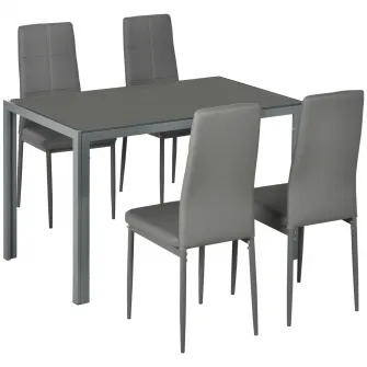 HOMCOM Set pentru pranz 5 Piese cu 1 Masa de Sufragerie si 4 Scaune Moderne pentru Bucatarie sau Sufragerie din Imitatie de Piele, Metal si Sticla Securizata, Gri