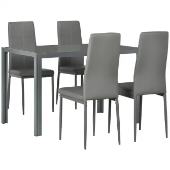 HOMCOM Set pentru pranz 5 Piese cu 1 Masa de Sufragerie si 4 Scaune Moderne pentru Bucatarie sau Sufragerie din Imitatie de Piele, Metal si Sticla Securizata, Gri