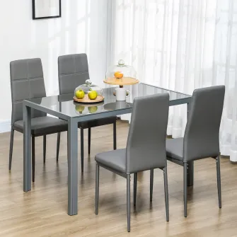 HOMCOM Set pentru pranz 5 Piese cu 1 Masa de Sufragerie si 4 Scaune Moderne pentru Bucatarie sau Sufragerie din Imitatie de Piele, Metal si Sticla Securizata, Gri