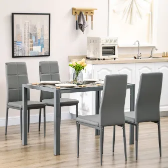 HOMCOM Set pentru pranz 5 Piese cu 1 Masa de Sufragerie si 4 Scaune Moderne pentru Bucatarie sau Sufragerie din Imitatie de Piele, Metal si Sticla Securizata, Gri