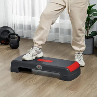 HOMCOM Step Fitness pentru Aerobic, Stepper Reglabil pe 3 Inaltimi 10-15-20cm din Plastic pentru Antrenament Acasa, Negru si Rosu