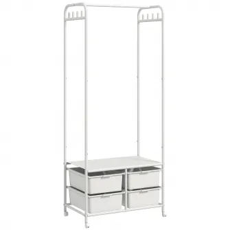 HOMCOM Suport cu Cuier si Suport pentru Pantofi cu 4 Cosuri, Cuier pentru Intrare din Otel si Plastic cu 8 Manere, 63x37x153 cm, Alb