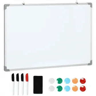 HOMCOM Tabla magnetica alba dreptunghiulara cu 4 markere, 1 radiera si 10 magneti incluse, din aluminiu si panou galvanizat, 90x60x1,8 cm