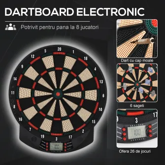 HOMCOM Tinta electronica pentru darts din PP cu 6 Sageti si Panou de Scor pentru Puncte, 44x39.5x2.2cm, Negru
