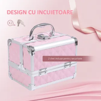 HOMCOM Trusa Machiaj  Profesionala, Beauty Case pentru Make Up cu Profile din Aluminiu, Maner si Tava in Consola, 20x15x15cm, Roz