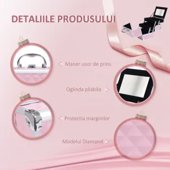 HOMCOM Trusa Machiaj  Profesionala, Beauty Case pentru Make Up cu Profile din Aluminiu, Maner si Tava in Consola, 20x15x15cm, Roz