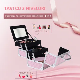 HOMCOM Trusa Machiaj  Profesionala, Beauty Case pentru Make Up cu Profile din Aluminiu, Maner si Tava in Consola, 20x15x15cm, Roz