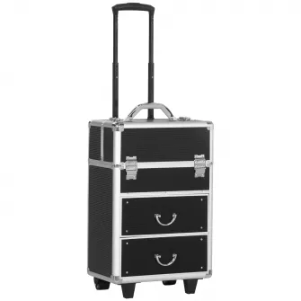 HOMCOM Valiza de make-up profesional din aluminiu si otel armat, cu incuietoare cu 2 chei si roti, negru 36x23x58cm