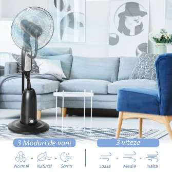 Homcom Ventilator Oscilant Reglabil cu Nebulizator 3 moduri si cronometru , Ф44.5x120cm Negru