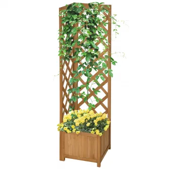Jardiniera de gradina din lemn de brad maro cu grila pentru plante cataratoare, 40x40x145cm