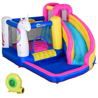 Joc Gonflabil cu Tobogan, Piscina si Cos de Baschet pentru 3 copii, Outsunny, 345x300x210 cm, Multicolor