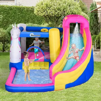 Joc Gonflabil cu Tobogan, Piscina si Cos de Baschet pentru 3 copii, Outsunny, 345x300x210 cm, Multicolor