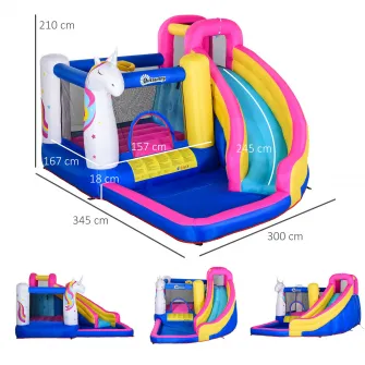 Joc Gonflabil cu Tobogan, Piscina si Cos de Baschet pentru 3 copii, Outsunny, 345x300x210 cm, Multicolor