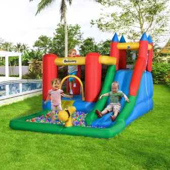 Joc Gonflabil cu Tobogan, Trambulina si Piscina pentru 4 copii, Outsunny, 330x245x215cm, Multicolor