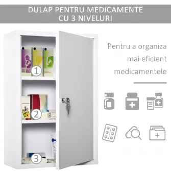 Kleankin Dulap pentru medicamente din otel cu 3 niveluri cu 2 chei si suport de perete, 40x18x60 cm, alb