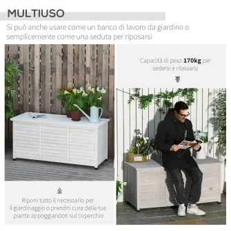 Lada depozitare pentru gradina, Outsunny, Cu picioare antiderapante, Lemn, 127 x 56 x 60 cm,Alb
