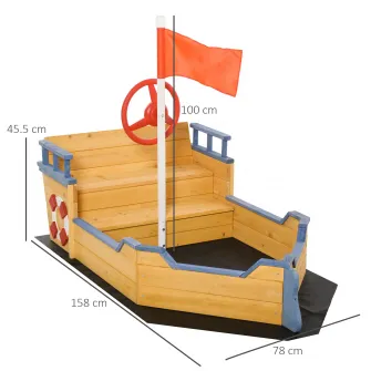 Lada pentru nisip, Outsunny, Model Nava pirati,158x78x45.5 cm, Compartiment depozitare, Lemn, Multicolor