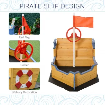 Lada pentru nisip, Outsunny, Model Nava pirati,158x78x45.5 cm, Compartiment depozitare, Lemn, Multicolor