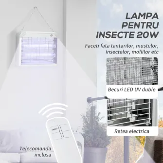 Lampa pentru insecte si tantari, de 20W cu lumina LED UV, cu tava detasabila, lampa anti-tantari, alba din ABS si metal, 39x8x28 cm