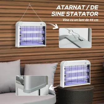 Lampa pentru insecte si tantari, de 20W cu lumina LED UV, cu tava detasabila, lampa anti-tantari, alba din ABS si metal, 39x8x28 cm