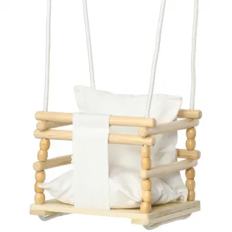 Leagan pentru copii 9-36 luni din lemn si bumbac, pentru spatii interioare si exterioare cu franghie reglabila si perna detasabila, 30x30x110-180 cm, culoarea lemnului si alb