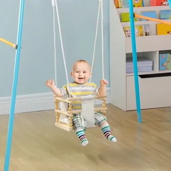 Leagan pentru copii 9-36 luni din lemn si bumbac, pentru spatii interioare si exterioare cu franghie reglabila si perna detasabila, 30x30x110-180 cm, culoarea lemnului si alb